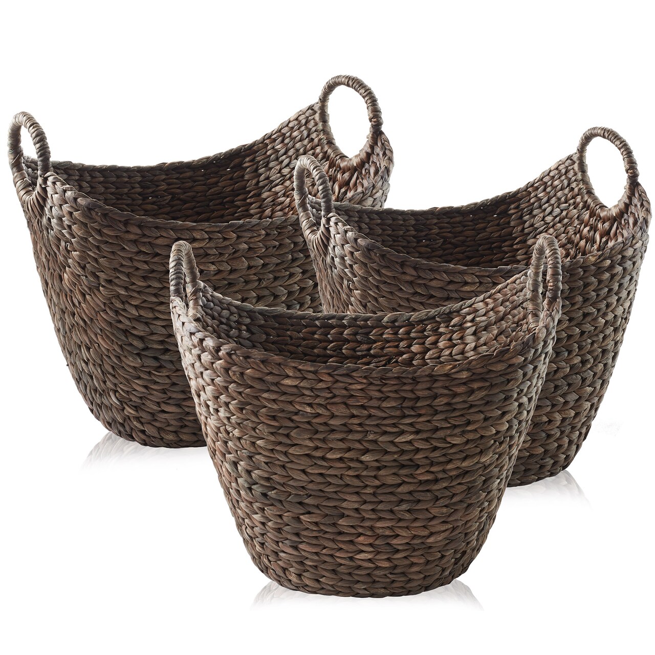 Casafield Set of 3 Multipurpose Boat Baskets with Handles, Woven Water Hyacinth Storage Organizers for Throw Blankets, Bedroom, Living Room, Laundry